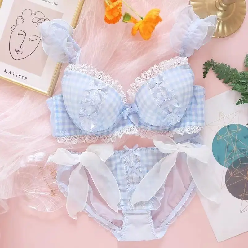Japanese Loli Wind Underwear Female Pure Desire Wind Cute Plaid Small Breasts Gathered Anti-Sagging Lace Bra Set