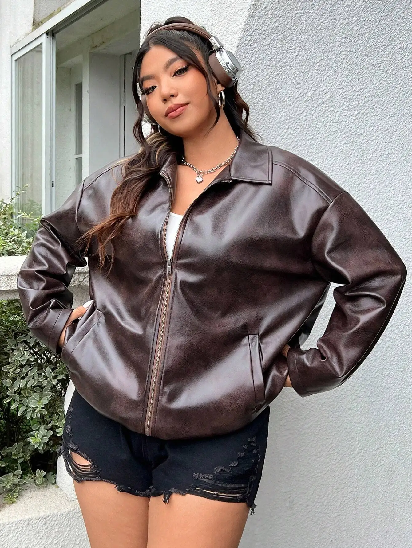 

Куртка-бомбер из искусственной кожи больших размеров для женщин, свободного кроя, на молнии, осенне-зимняя верхняя одежда