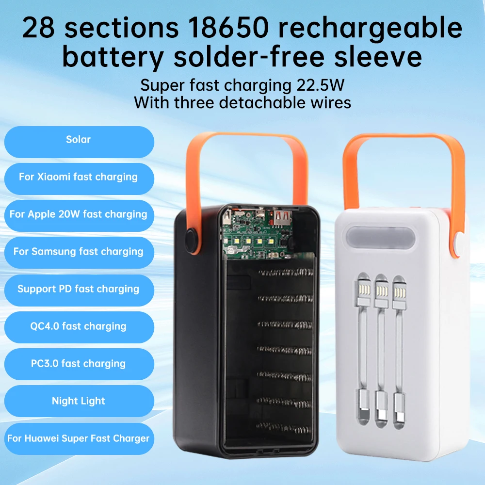 28*18650 Battery Storage Box Solar Chargeing Power Bank Box 22.5W Fast-charging Support PD/QC AFC FCP Protne Portable Light Clip