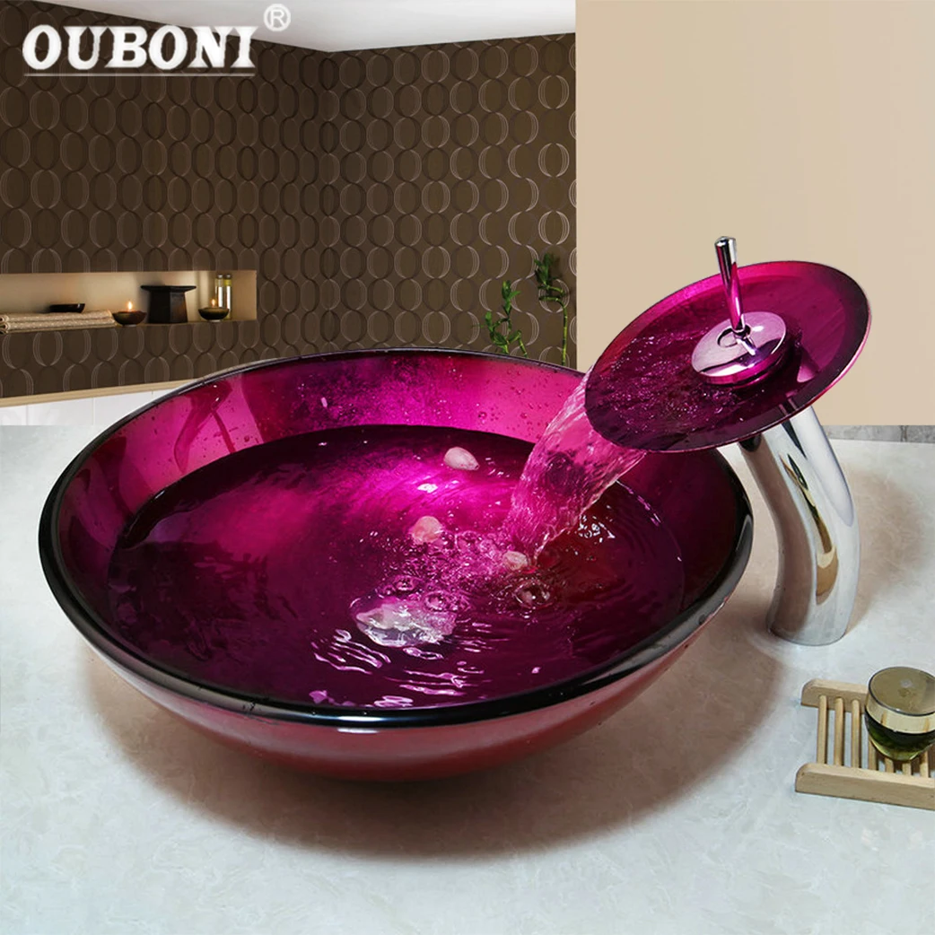 OUBONI-lavabo de vidrio templado para baño, juego de grifería única, encimera, lavabo, tocador, mezclador