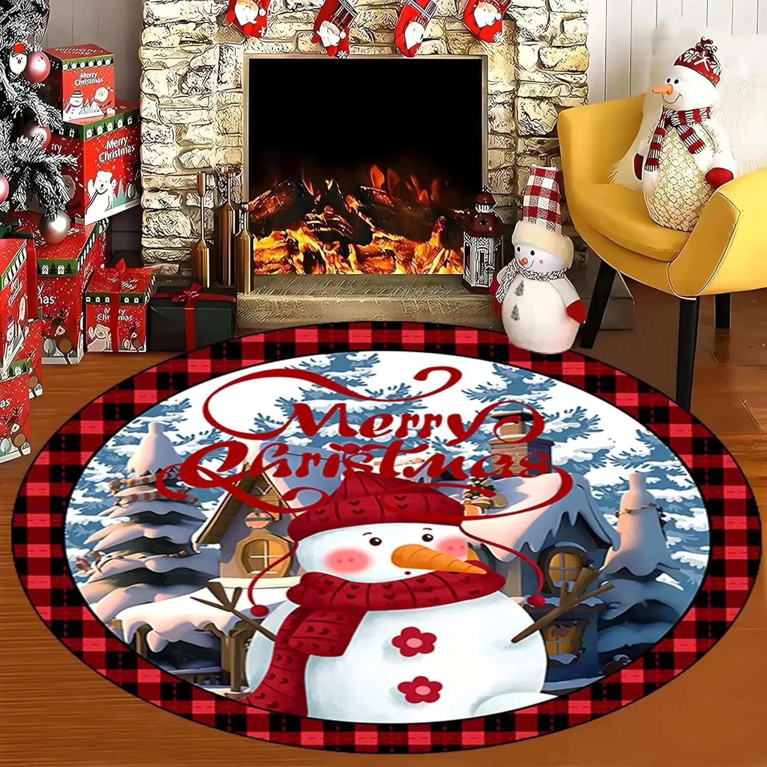 Christmas Circular Carpet Mat Santa Claus Snowman Printed Carpet Home Decoration To Celebrate Christmas Holiday Indoor Floor Mat