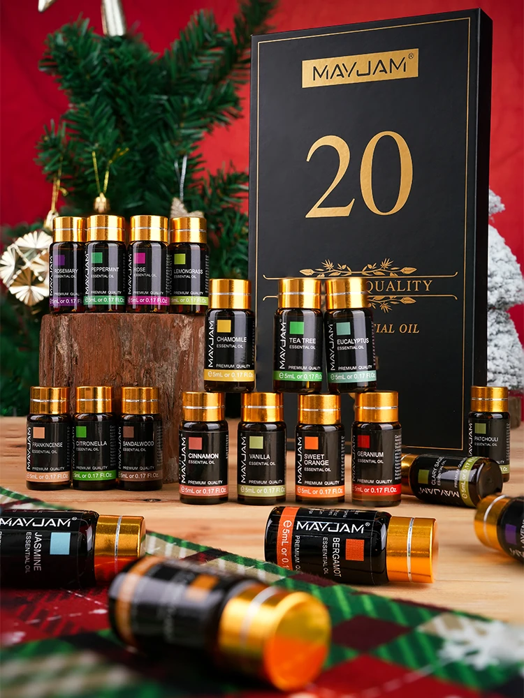 MAYJAM Christmas Gift Essential Oils Set,20 Bottles Fragrance Oils Lavender Jasmine Eucalyptus Vanilla Frankincense Peppermint Sandalwood Sweet Orange Ylang Ylang Rose Bergamot Tea Tree Cinnamon Geranium Patchouli Citronella Lemongrass Rosemary Clary Sage