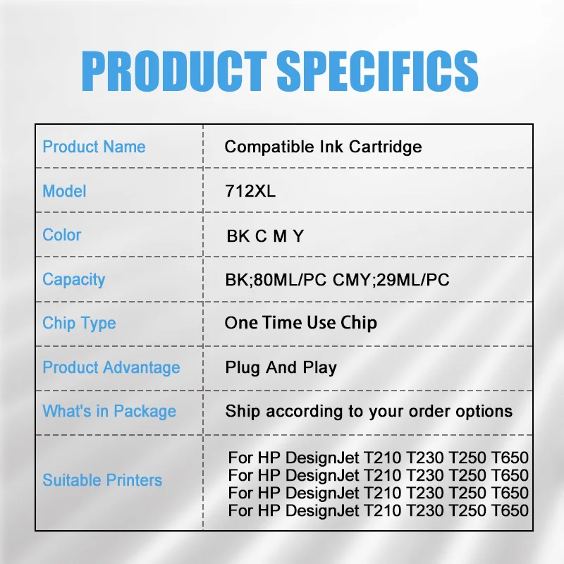 712XL 712 Kompatybilny Wkład Atramentowy Regenerowany Do Drukarek HP DesignJet Pro T210 T230 T250 T630 T650 3ED71A 3ED67A Atramenty — zdjęcie produktu 3