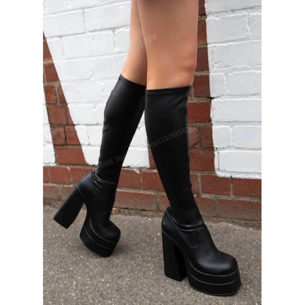 Black Matte Leather Elastic Mid Calf Boots Platform Chunky High Heel Stretch Boots Women Shoes 2024 New Sexy Zapatos Para Mujere