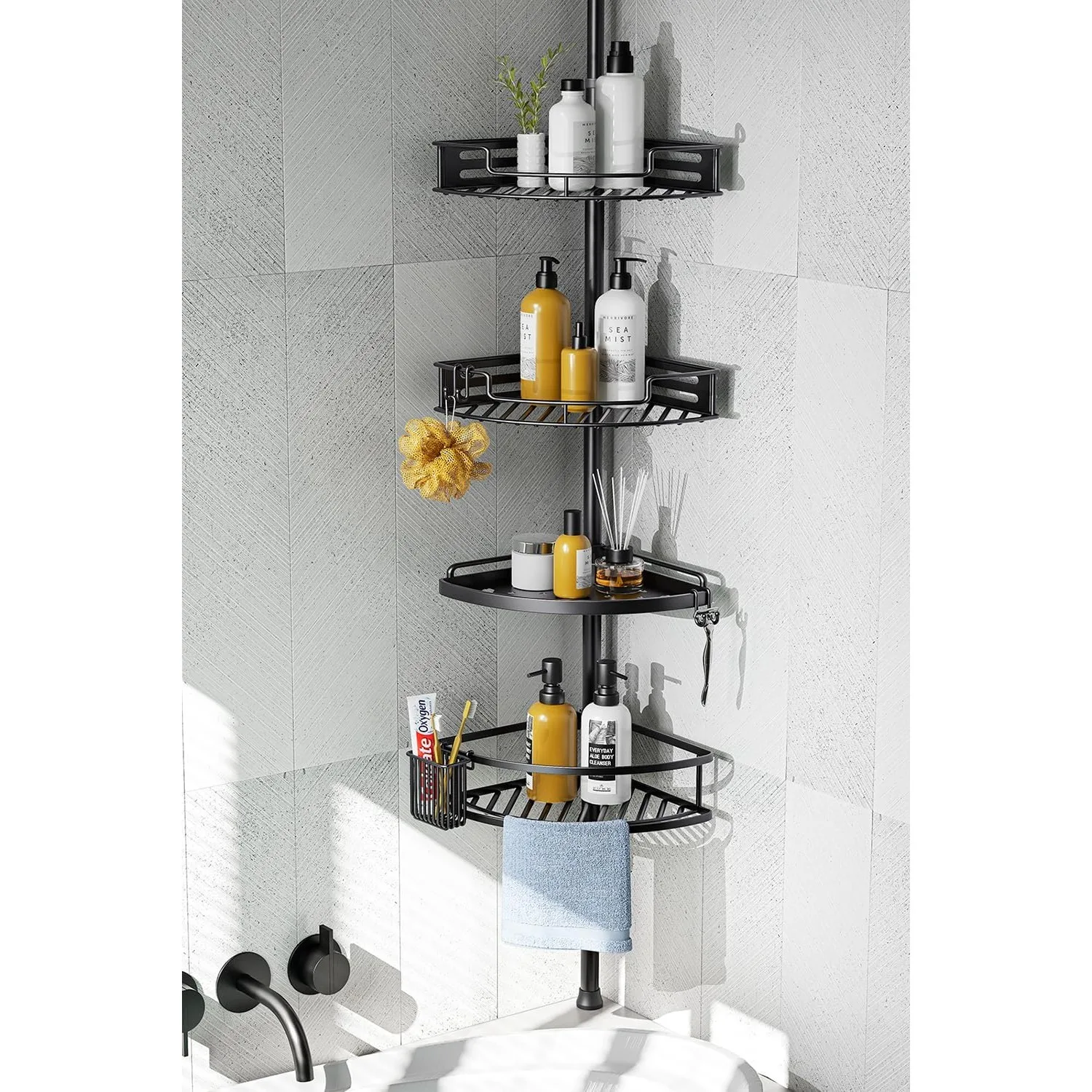 

Corner Shower Caddy Tension Pole: Quick Installation 4-Tier Rustproof Bathroom Organizer Shelves for Bathtub Shampoo Storage
