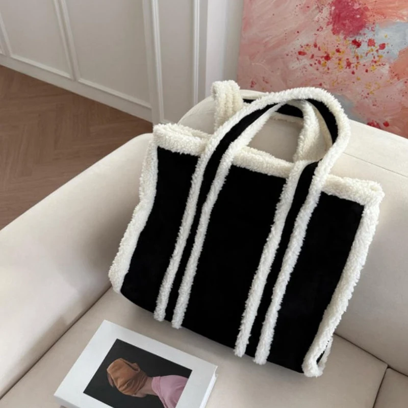 

Brand Designer Women's Shoulder Bag Retro Minimalist Plush Tote Bag 2in1 Large Capacity Shopping Bag Stylish Versatile Handbag