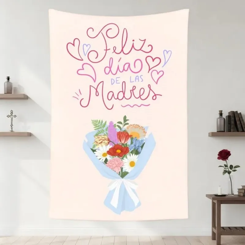 Happy Mother's Day Tapestry, Spanish Mother's Day Flower Bouquet Wall Hanging, Pink Heart-shaped Flower Wall Decor
