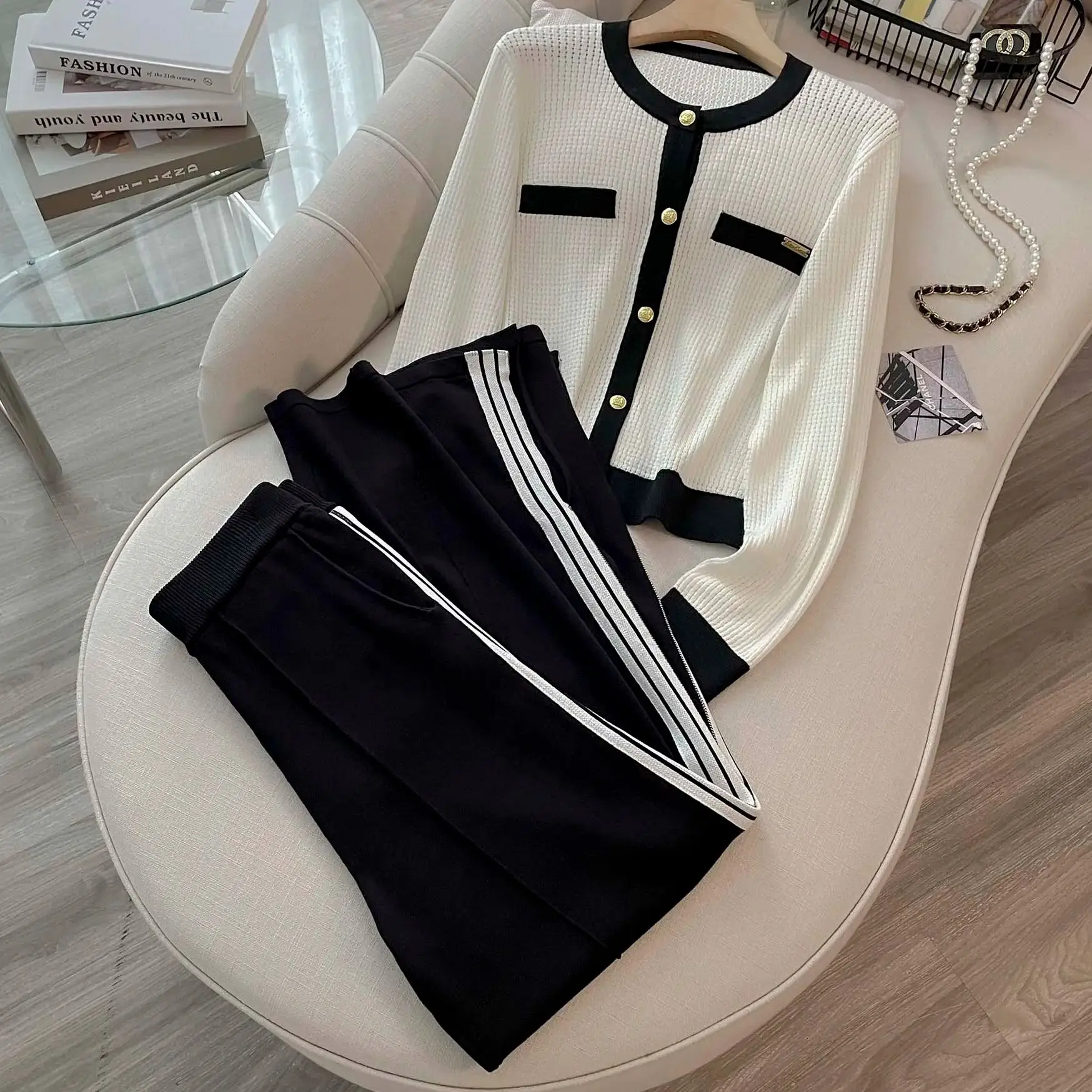 Women Knitted 2 Piece Suit Sweater Cardigan Top And Stripe Pant Two Piece Set Matching Outfit Stripe Elegant Chic Winter Clothes