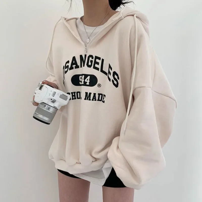 Fashion Letter Print Sweatshirts Women Autumn Winter Loose Preppy Thick Warm Hoodies Harajuku Casual Zipper Hooded Pullovers