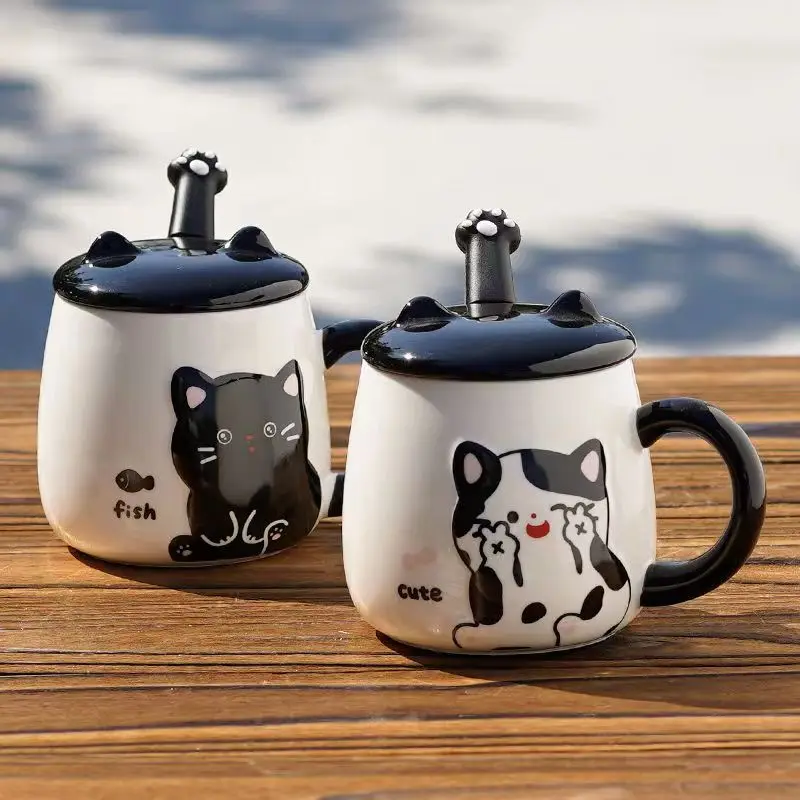 Pink White Black Cat Ceramic Mugs with Lids Spoons Cute Girl Heart Couple Coffee Cups Holiday Gifts Drinkware Water Bottle