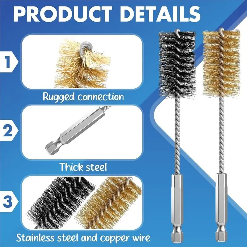 PTST 8 Pcs Stainless Steel & Copper Wire Brush For Drill Bore Brush Set With Hex Shank Handle Wire Brushes For Drill Ports