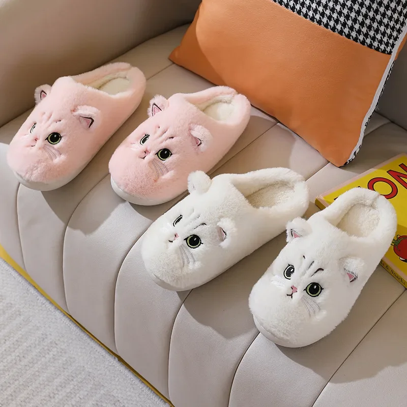 Pantoufles en peluche chat pour femmes et hommes, chaussures chaudes, toboggans, chat de dessin animé mignon, pantoufles floues, chaussures souples,