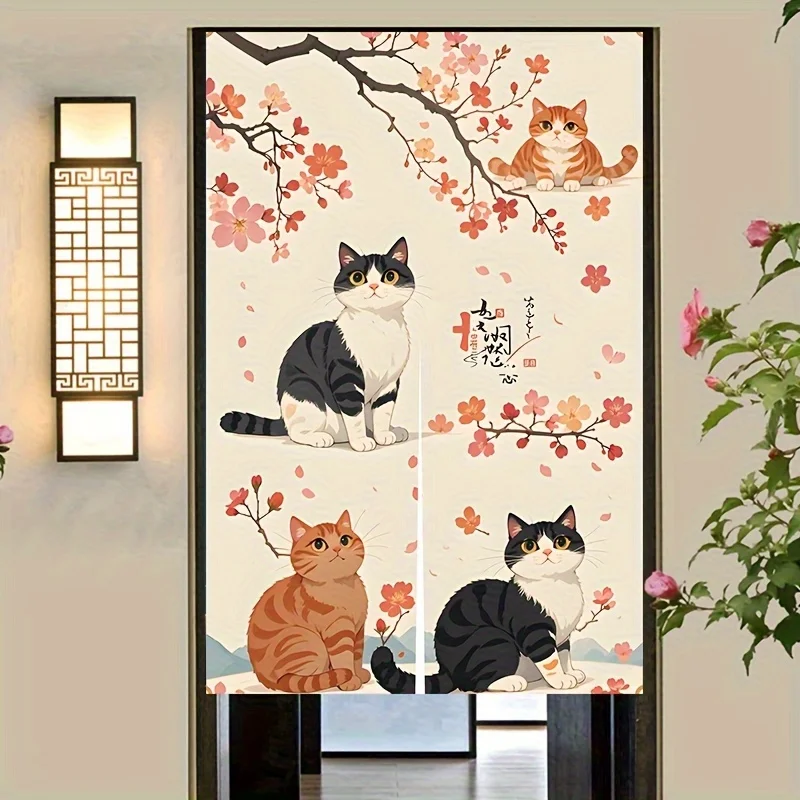 Japanese Cat Sakura Noren Door Curtain Room Divider for Living Room Bedroom Home Decor Cute Elegant Cultural Theme Indoor