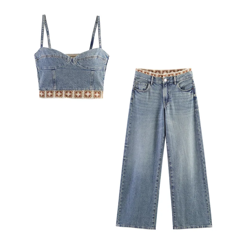 

Summer Women's Suit Sleeveless Camisole Denim Top High Waisted Patchwork Jeans 2026 Fashion Top Wide Leg Pants Two-piece Set
