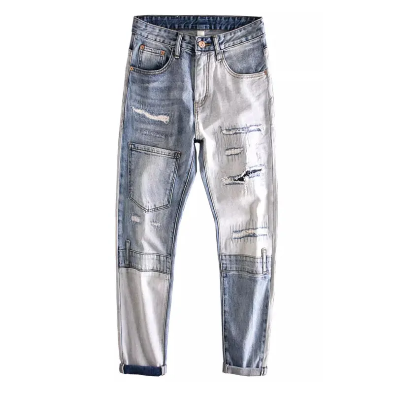 Street Fashion Men Jeans Retro Light Blue Stretch Slim Fit Ripped Jeans Men Pocket Designer Patched Hip Hop Denim Pants Hombre