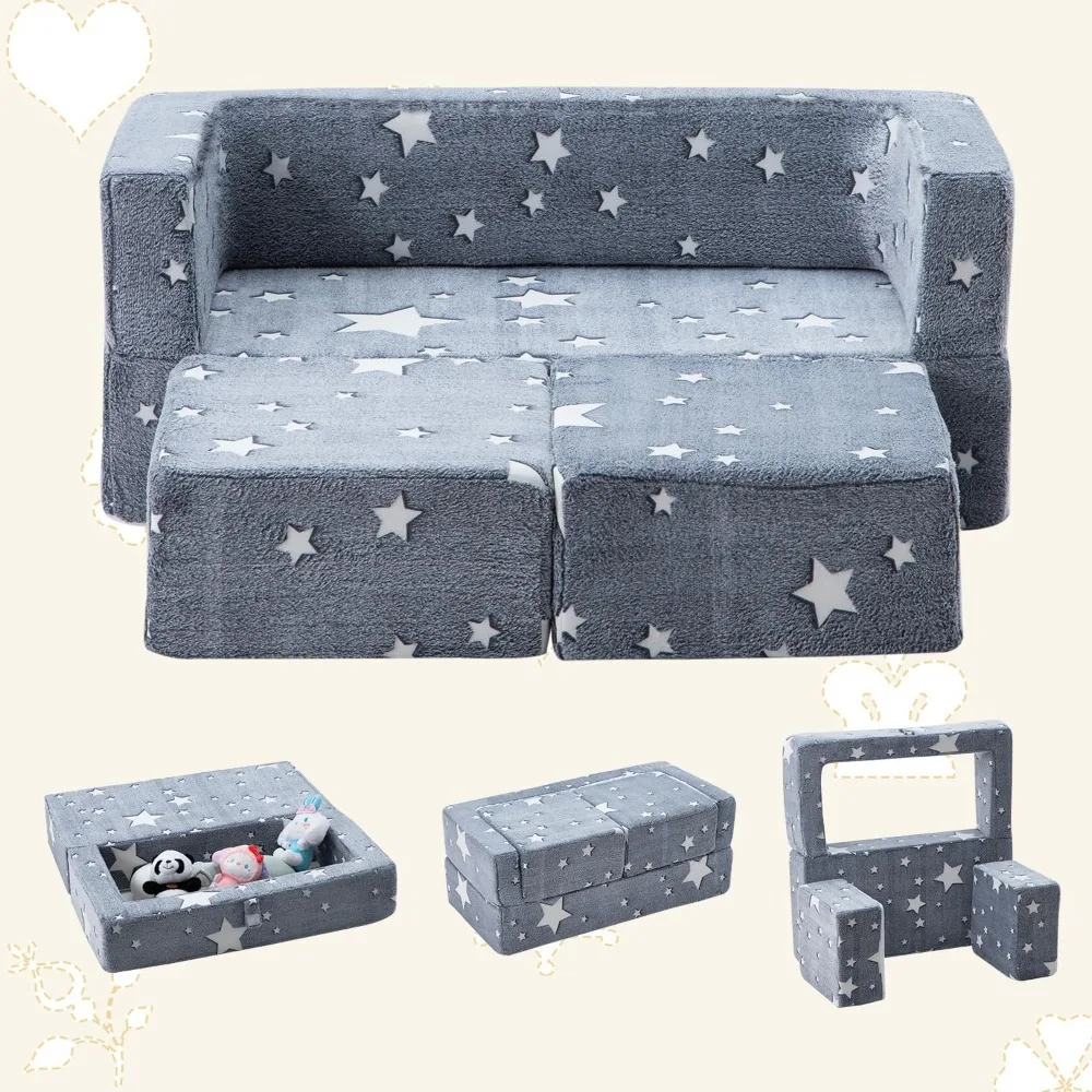 Kids Sofa Couch 3-in-1 Modular Toddler Couch Glowing Grey Baby Couch Foam Armchair for Boys & Girls Children Convertible Sofa