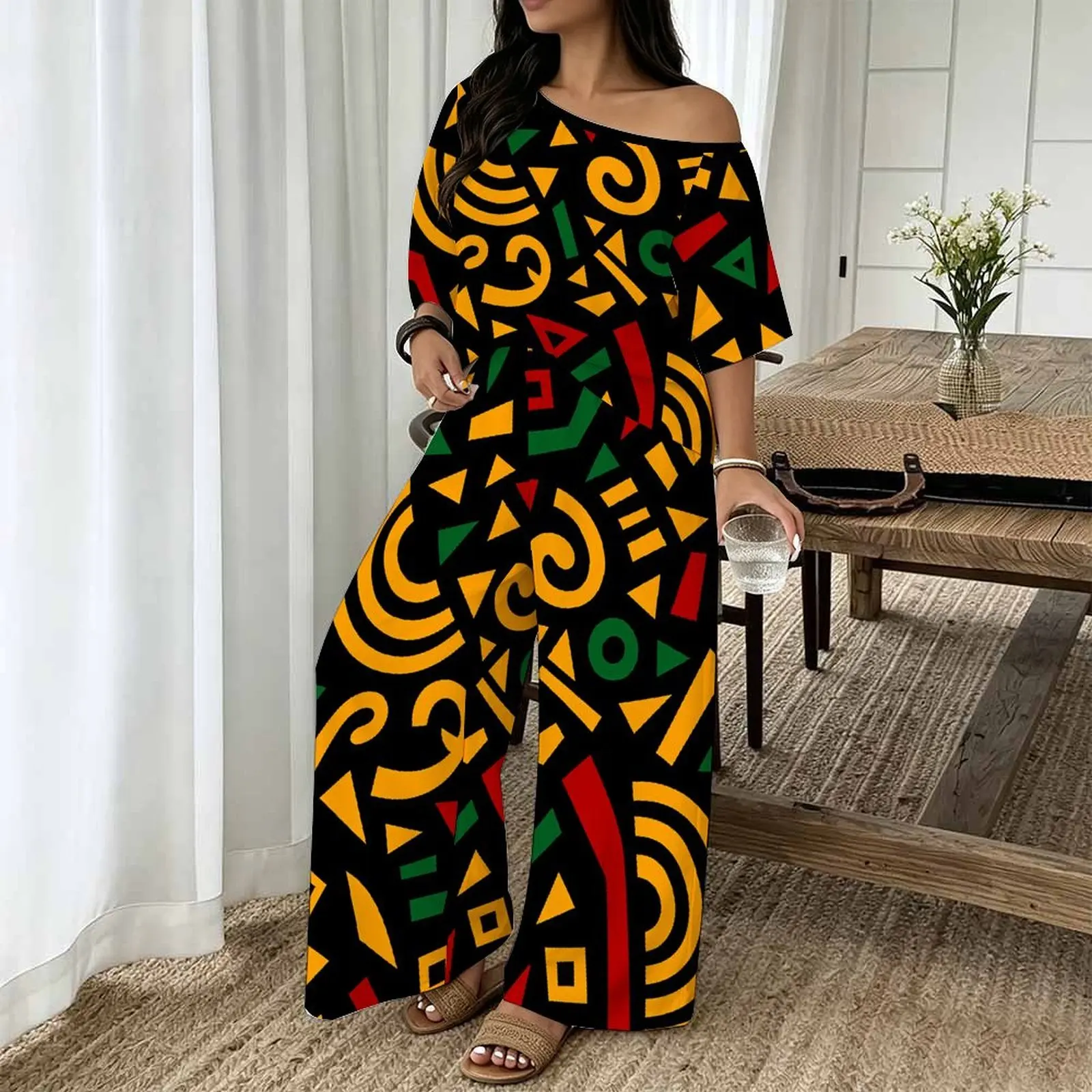 Plus Size Women Spring/summer Print Two Piece Set Street Vacation  Short Sleeved Fashion Retro Tops Everyday  Casual Long Pants