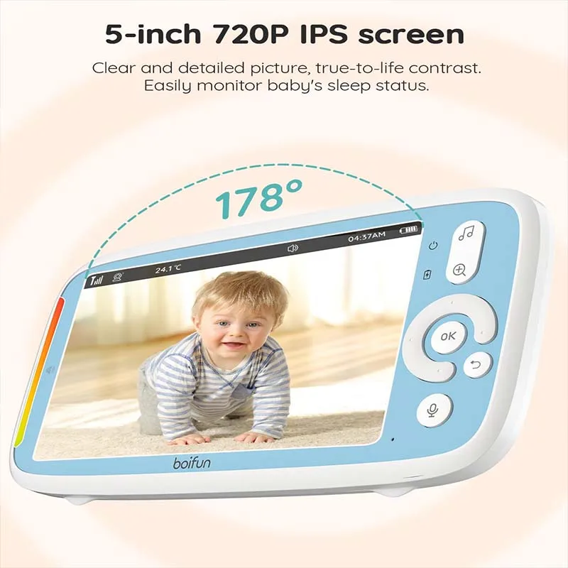 BOIFUN Baby Monitor with Camera without WiFi, Automatic Night Vision Baby Monitor, PTZ 360° , 5 Inch 720P Screen, Two-Way Audio