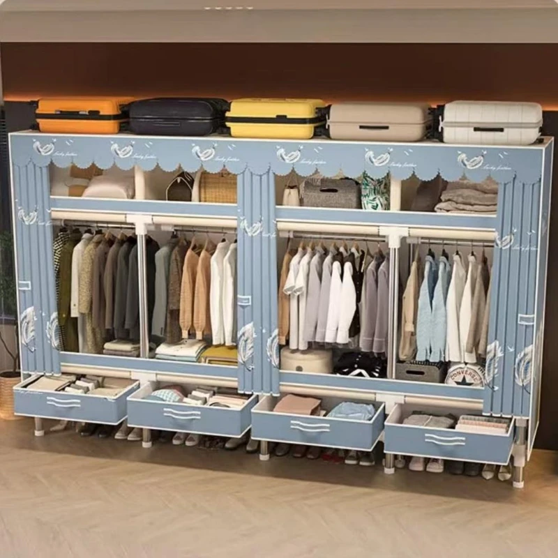 Heavy-duty Portable Wardrobe Clothes Closet Hanging Organization Metal Frame 4 Racks 4 Hanging Rods 4 Drawers Shoe Rack Bedroom