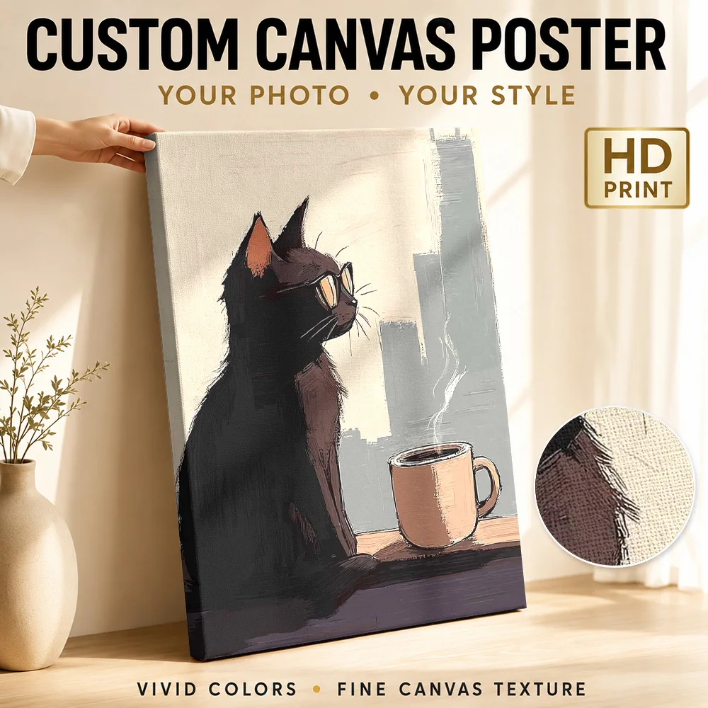 Cat Wearing Glasses Beside Coffee Framed Canvas Print Personalized Photo Detailed Illustration Wall Art For Cafe Seating Area