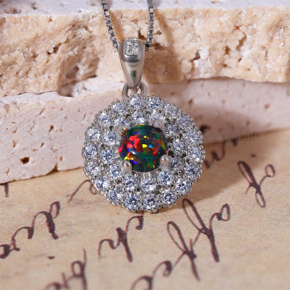 

Black Opal Pendant for Sale Round Flower Shape Sterling Silver Cubic Zirconia Diamond Pendant