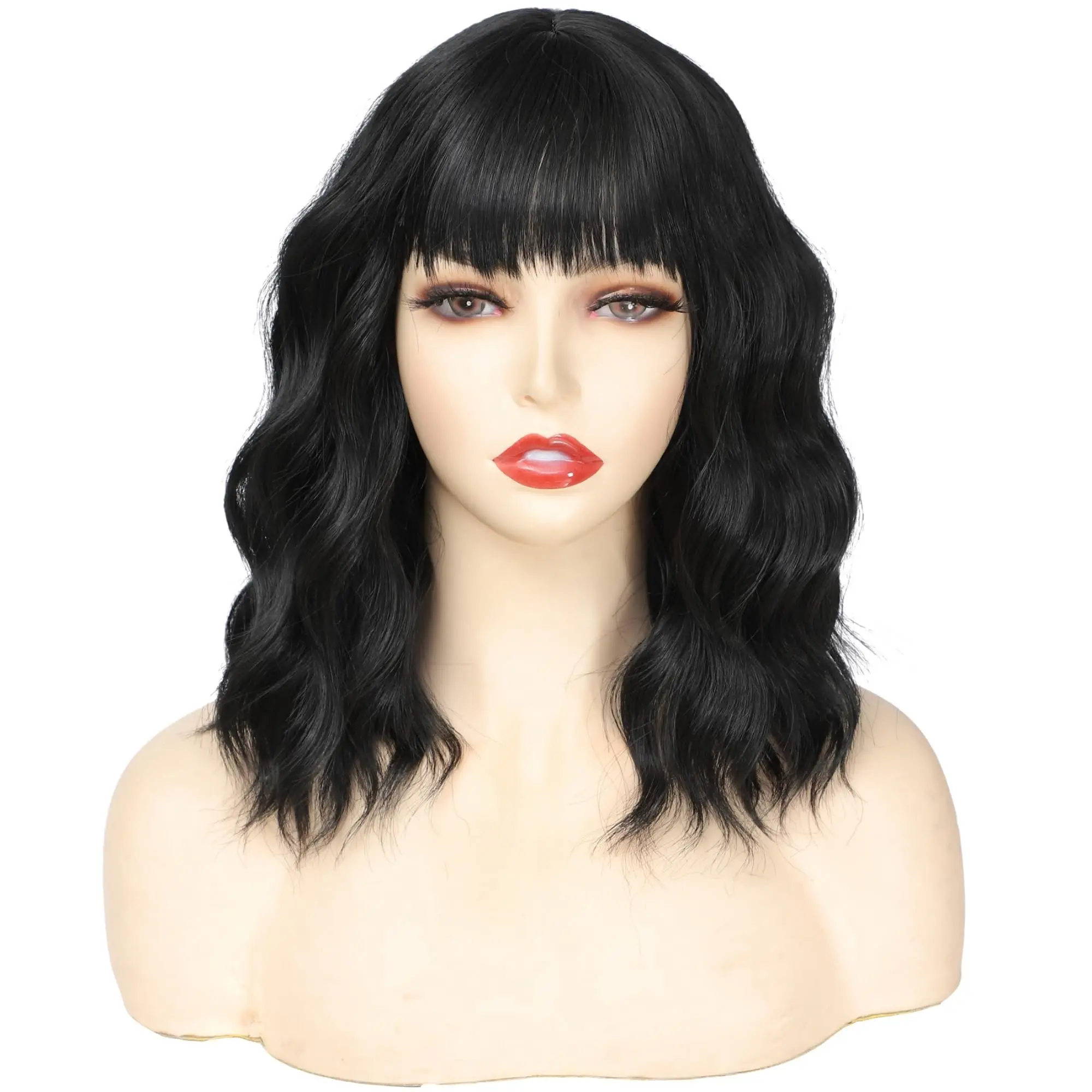 

Женские парики: короткий волнистый черный парик с челкой, кудрявый парик-боб до плеч, синтетические термостойкие парики для женщин