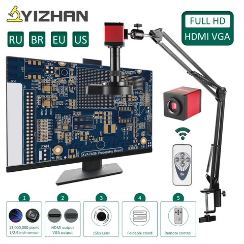 Yizhan 13mp full hd hdmi câmera vga porta microscópio industrial zoom 150x lente ajustável suporte de braço de metal para solda