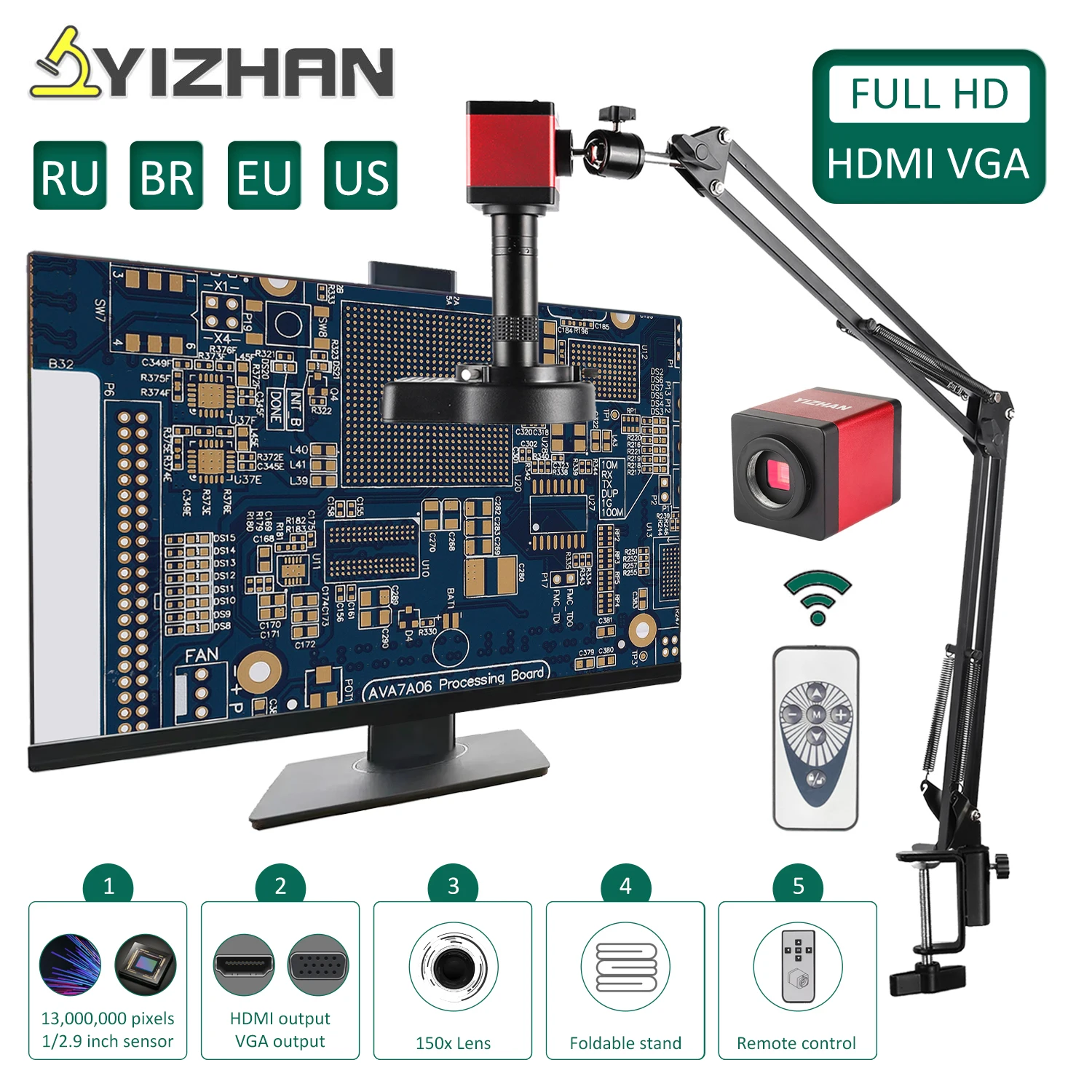 Yizhan-microscópio Industrial com Lente Ajustável 1080p Vga Porta Hdmi Câmera Full hd Zoom 150x Braço de Metal Suporte para Solda
