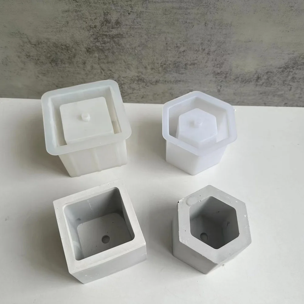 Hexagon Square Flowerpot Silicone Mold Pen Holder Plaster Container Concrete Cement Planter Succulents Planting Pot Mould