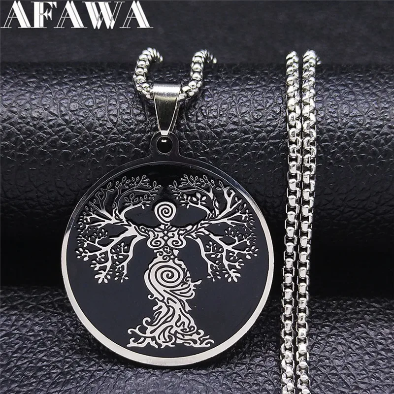 Goddess Tree of Life Stainless Steel Chain Necklace for Women Black Silver Color Necklaces Jewelry arbre de vie acier inoxydable
