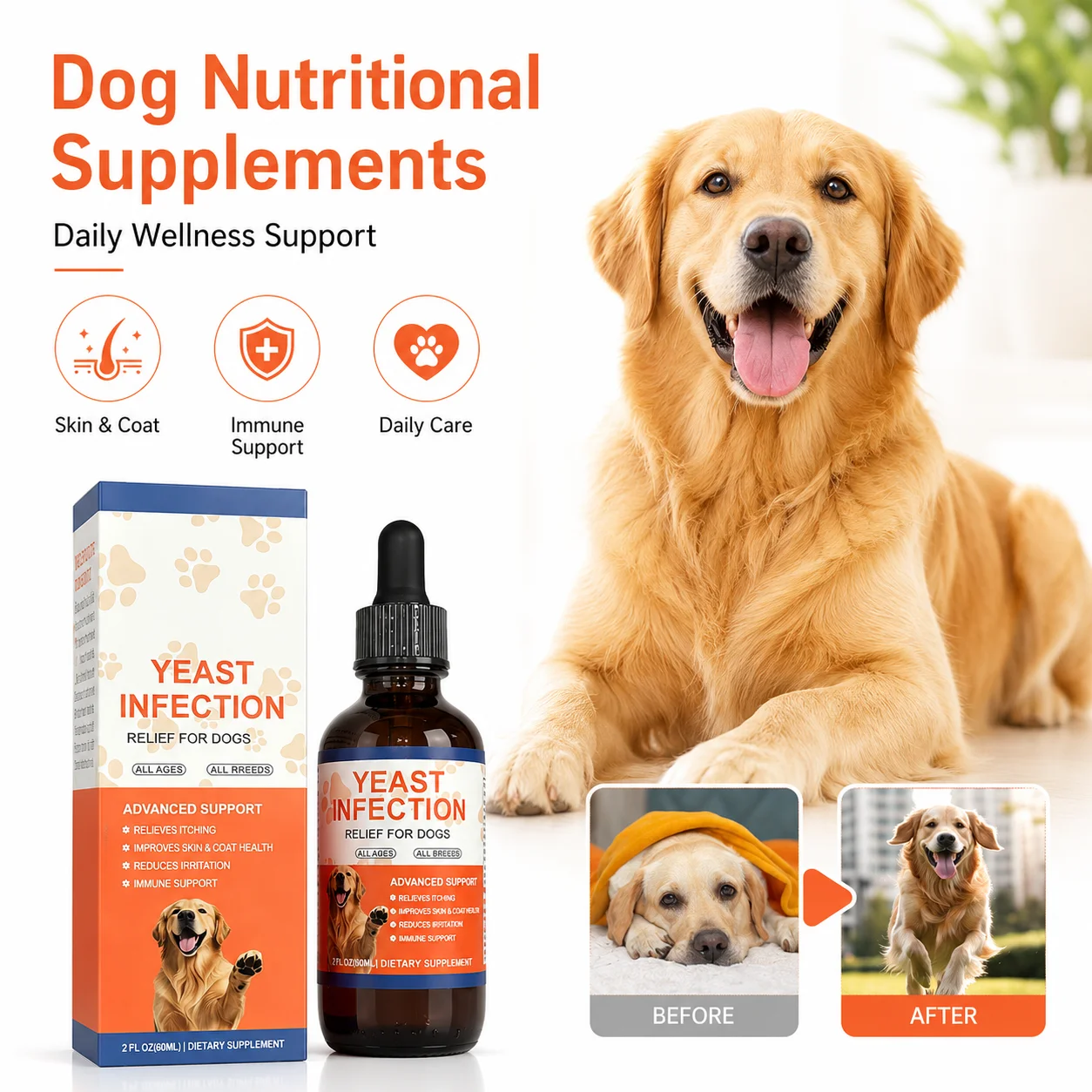 Dog Yeast Infection Relief Liquid Drops Supplement for Skin Health and Immune Support Dark Glass Dropper Bottle