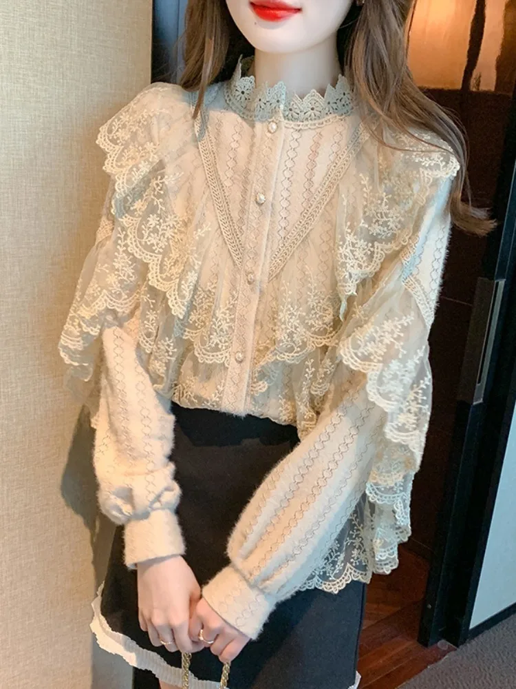 

Fashion Ruffle Stitching Elegant Lace Blouse Long Sleeve Loose Chiffon Shirts Korean Style Stand Collar Pleated Top Blusas