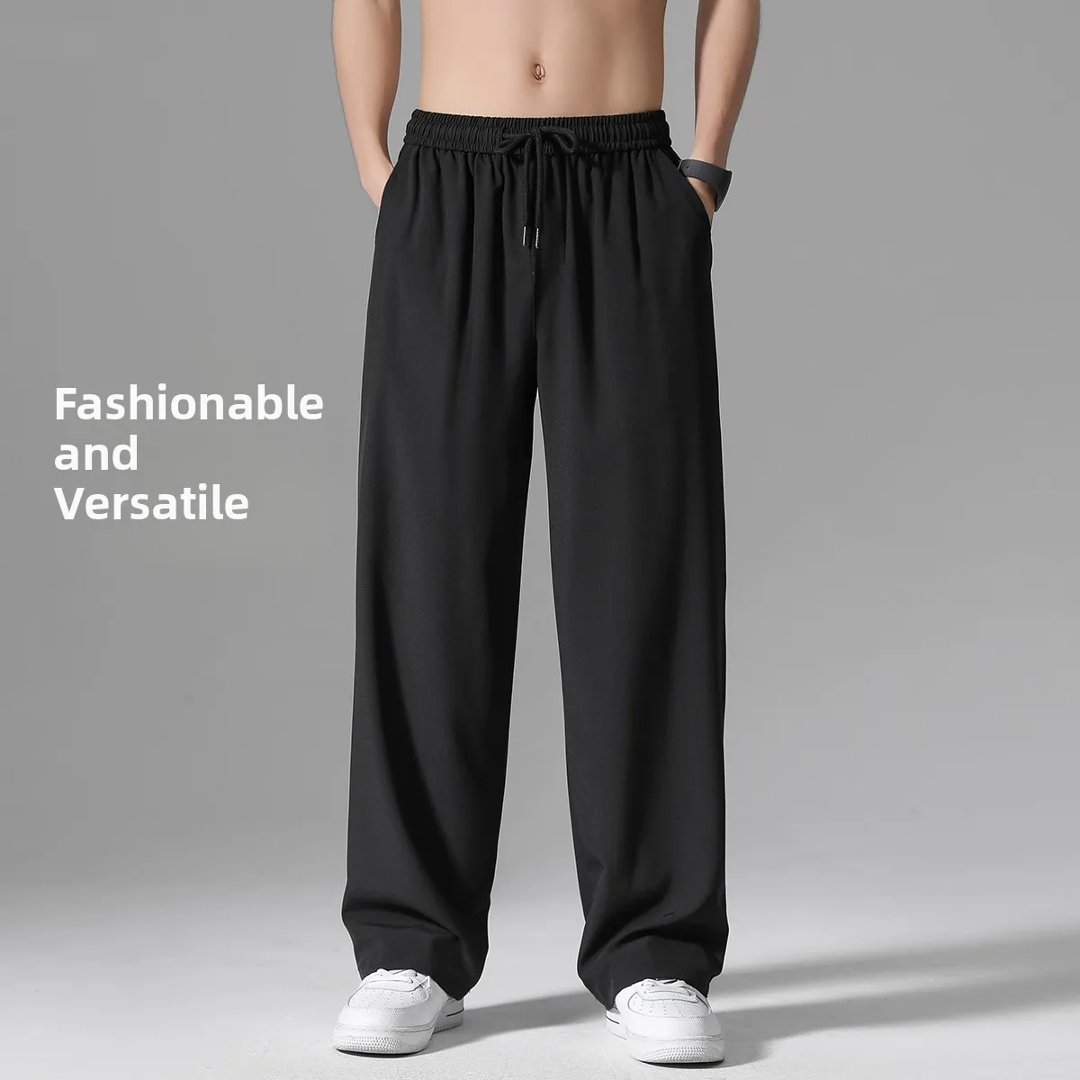 بنطلون رجالي صيفي خفيف سريع الجفاف من الحرير الجليدي، مستقيم الساقين، واسع، رياضي، كاجوال، ذو خصر متوسط-منخفض، بلون واحد، واس... #4