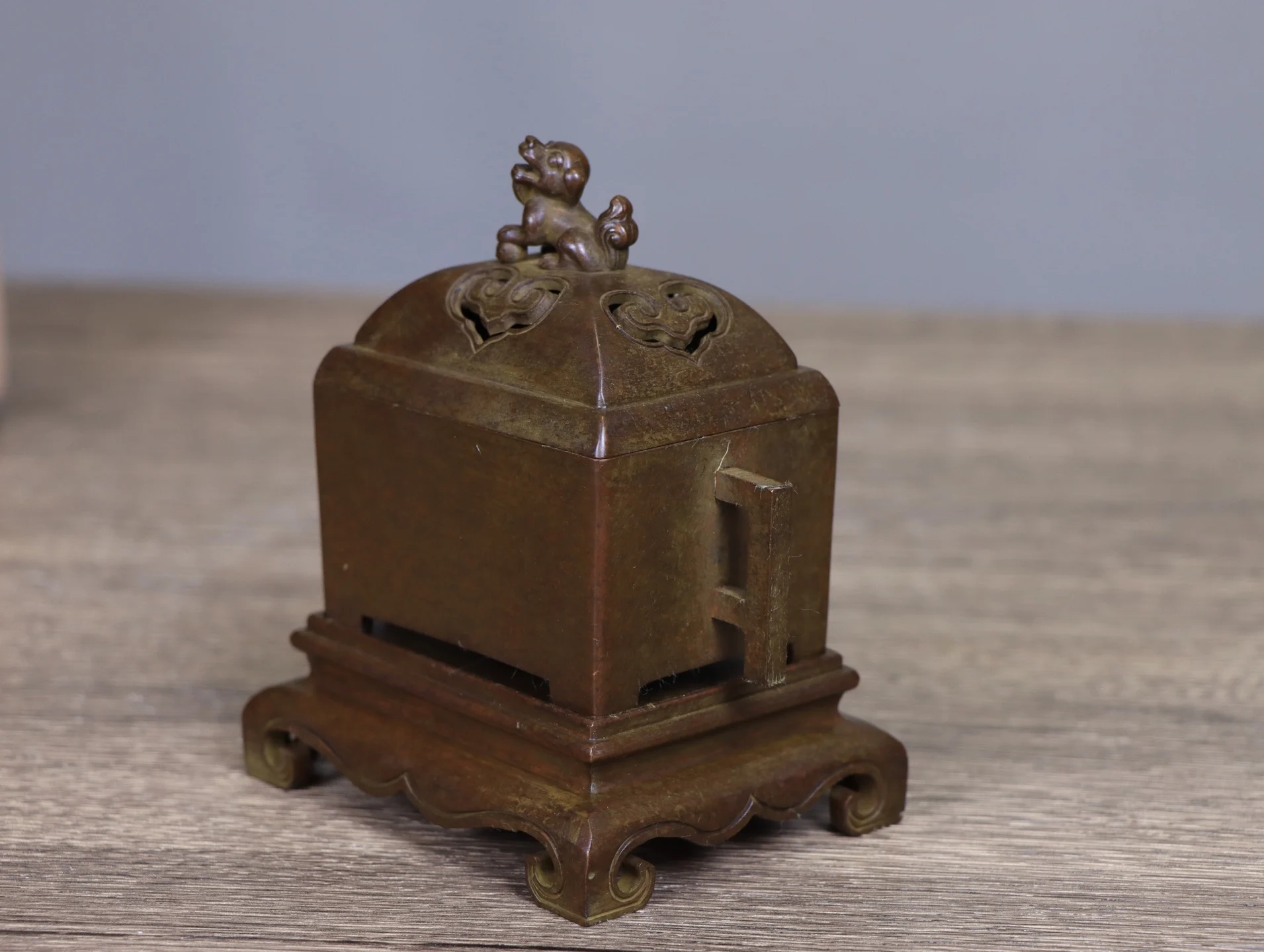 Vintage Bronze Square Incense Burner with Lion Finial, Antique Chinese Style Censer with Base & Handles