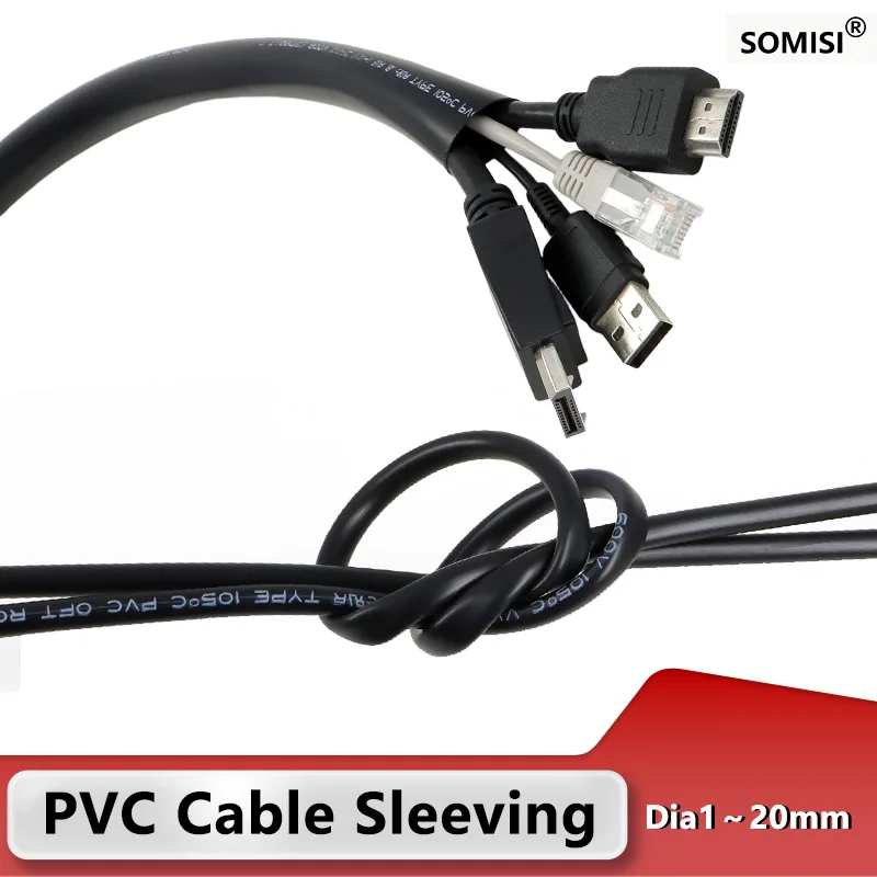 ID 1~20mm 2/5/20M Flexible PVC Cable Sleeving Flame Retardant Wire Loom Tubing for Automotive Harness Black Wiring Accessoriy