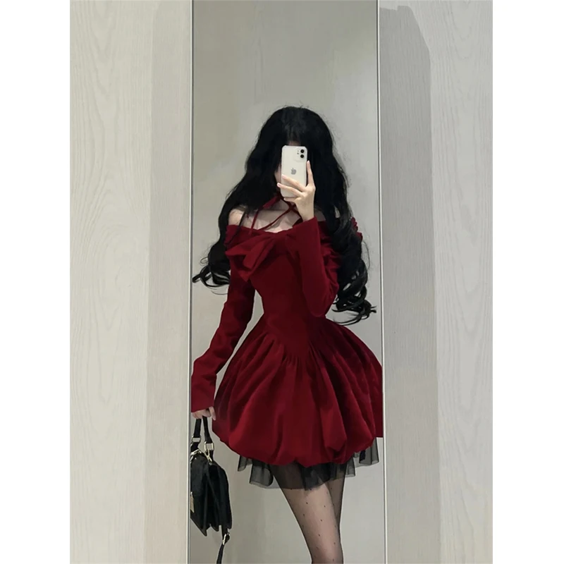 MEXZT Vintage Bow Mini Dress Women Y2K Sexy Slash Neck Red Velvet Dresses Winter Kawaii Christmas Party Bodycon A Line Vestidos