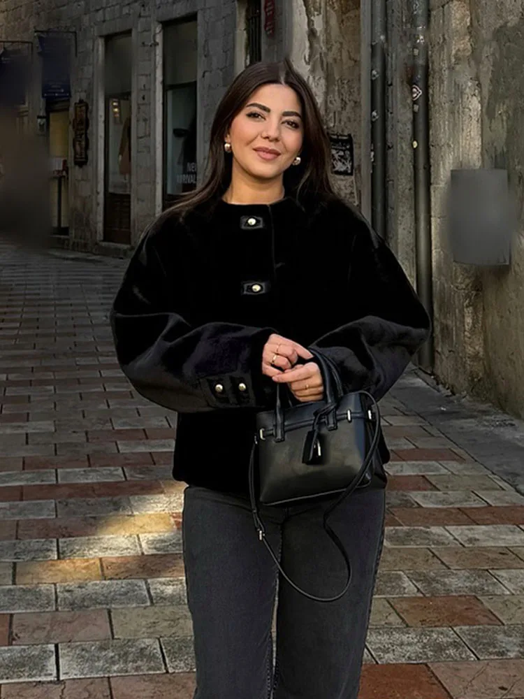 HH Women's Winter Fashion Faux Fur Effect Pocket Jacket Female Elegant Round Neck Single Breasted Long Sleeve Outwear Mujer