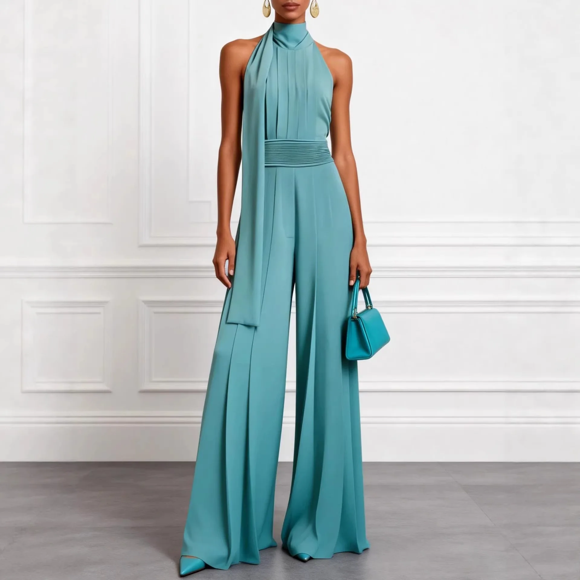

2026 European and American solid color sleeveless neck hanging elegant jumpsuit long sleeve fashion trousers