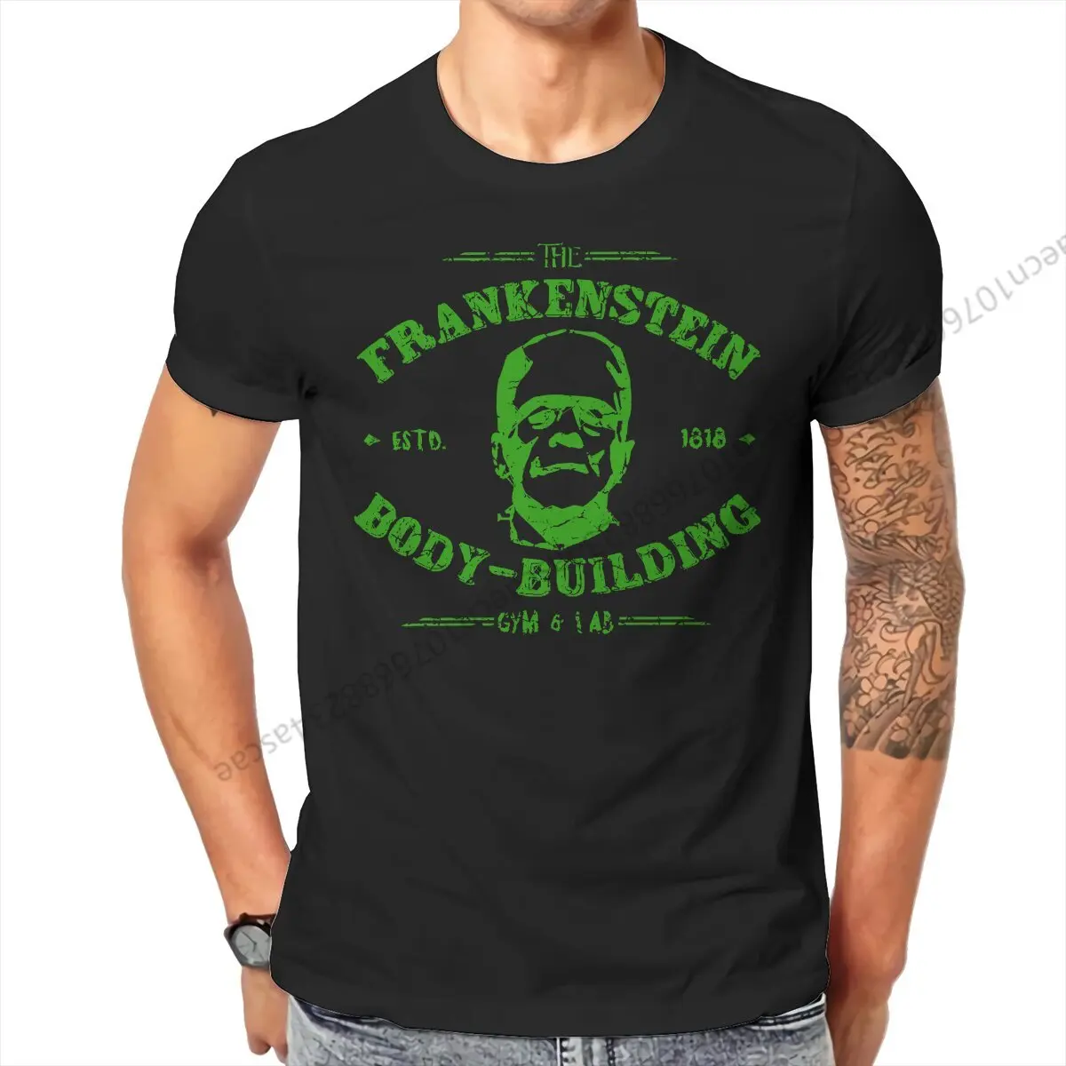 Frankenstein Body Building T Shirt Men Tees Summer Clothing Cotton O-Neck TShirt