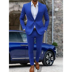 Slim Fit One Button Blue Men Suits Notch Lapel Regular Length Casual 2 Piece Jacket Pants Full Sets Prom Party Costume Homme