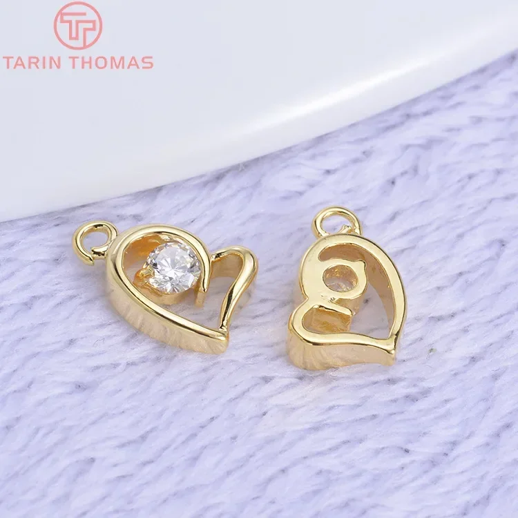 (152) 6PCS 11x7MM 24K Gold Color Plated Brass with Zircon Heart Pendants Charms High Quality DIY Jewelry Making Findings