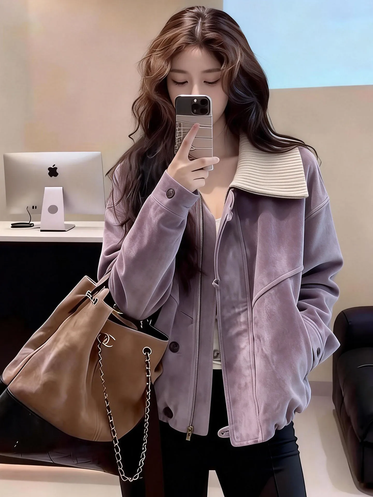 

Casual Sle Purple Suede ort Jaet Women's Loose Fit Faionable Spring 2026 Top Outerwear Commute Sle Polyester Fiber