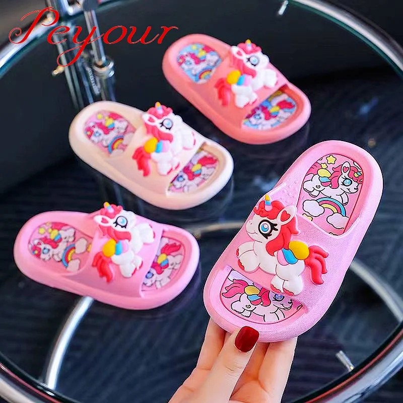 Trendy Cute Cartoon Unicorn Open Toe Slippers For Girls, Lightweight Wear-resistant Quick Drying Slippers For Indoor Home Bathro