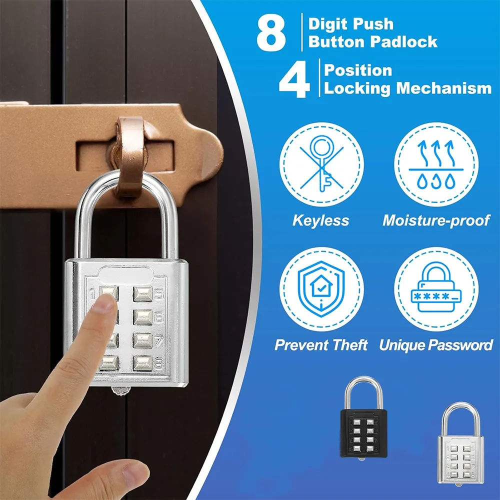 8 Digit Padlock Outdoor Waterproof Combination Zinc Alloy Travel Luggage Lock with Key for Suitcase Backpack Anti-Theft