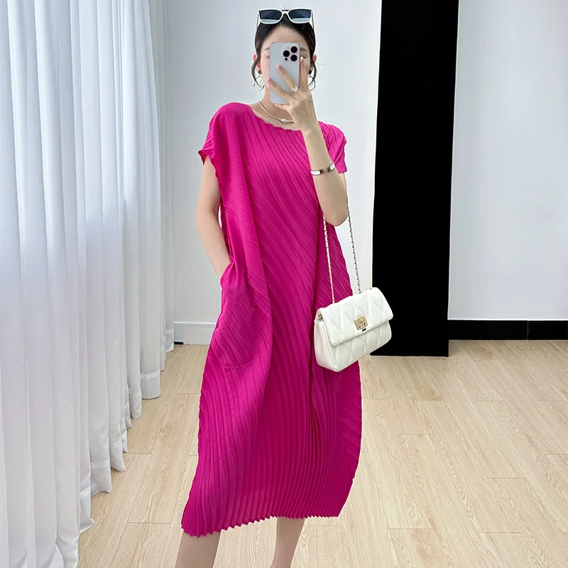 Miyake Dress 2023 Summer New Versatile Solid Color Temperament Commuter Casual Fashion Round Neck Mid length Dresses for Women