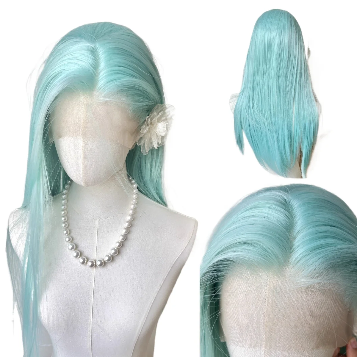 Perruque Lace Front Wig synthétique vert menthe pour femmes, cheveux longs et lisses, 13x4, Fibers de haute qualité, pour Cosplay