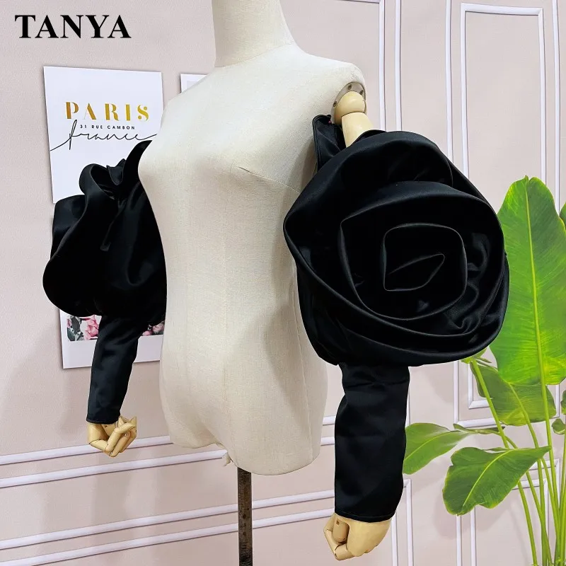 

Black Rose Satin Long Detachable Sleeves For Evening Puffy Removable Fashion Accessories Wedding Bride Party Sleeve Big Flower