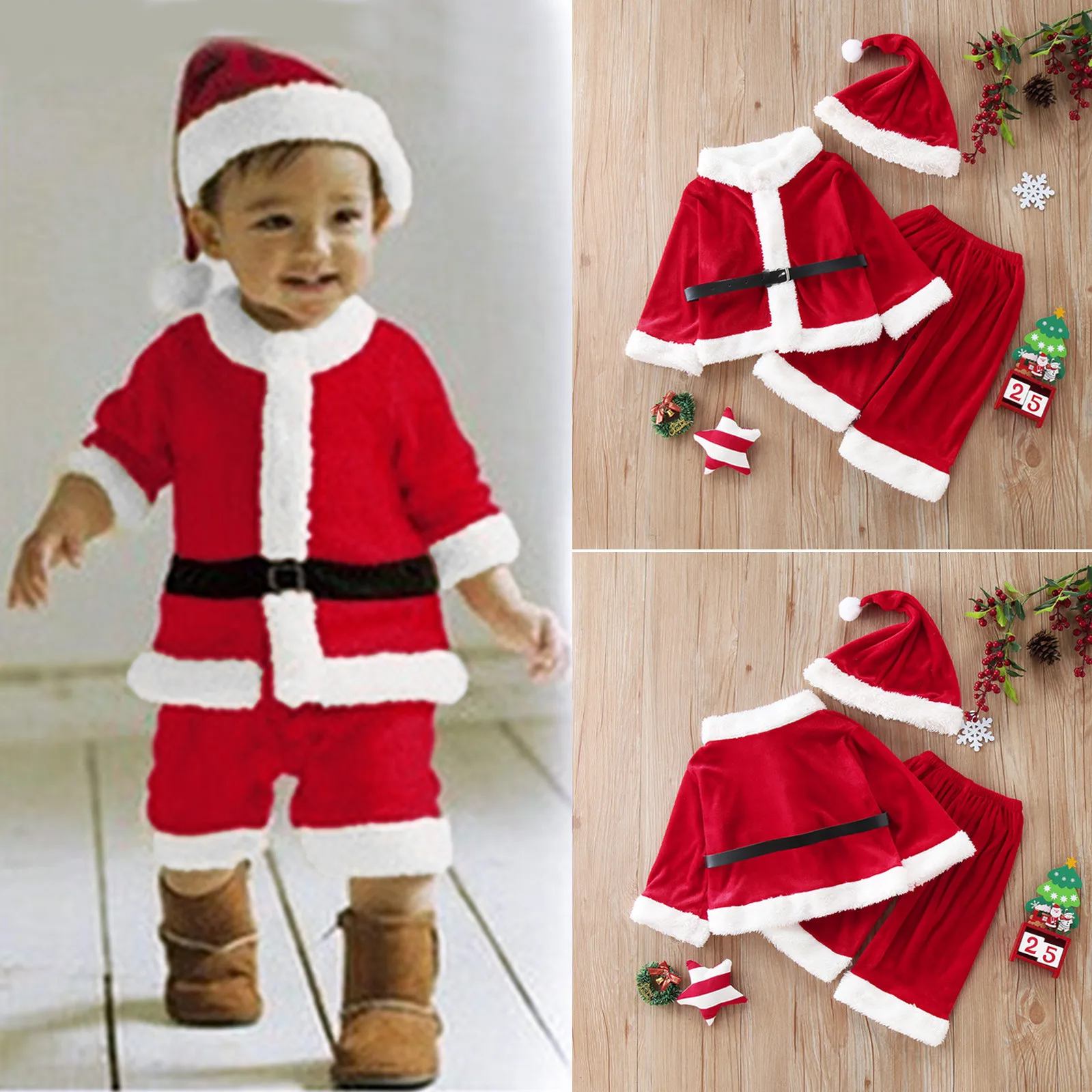 Infant Girls Baby Boys Cosplay Xmas Costume Set Christmas Santa Clause T-Shirt Tops Xmas Pants With Hat Kids Outfits Sets 3Pcs