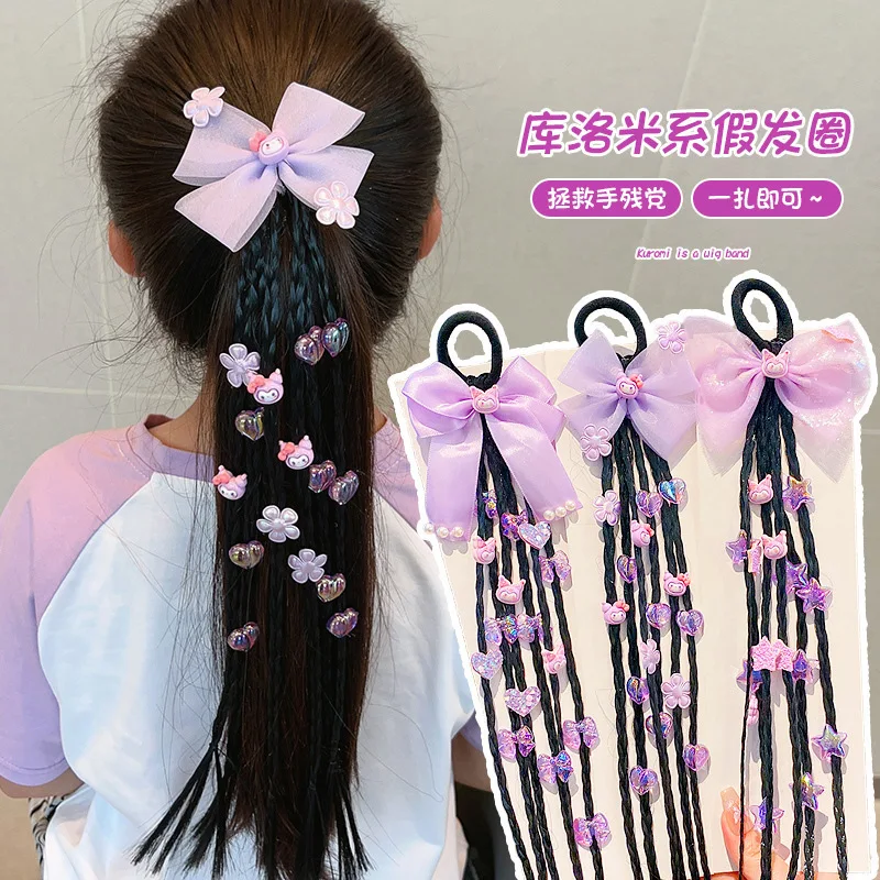 

Sanrio Kuromi Girls Bow Wigs Ponytail Headbands Rubber Bands Hair Bands Lovely Headwear Kids High Ponytail Rope Hair Accessories