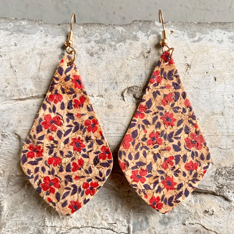 

9pairs/lot Boho Floral Earrings Cork Geometric Shaped Dangle Earrings Ear Clip Two Layer Round Wood Drop For Lady